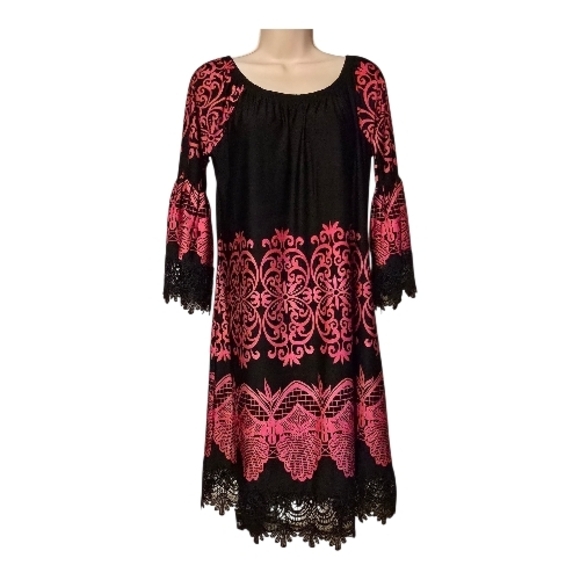 ✨ White Mark Boho Lace Trim Dress XL Black Pink Damask Peasant Tunic Bell Sleeve - Picture 4 of 11